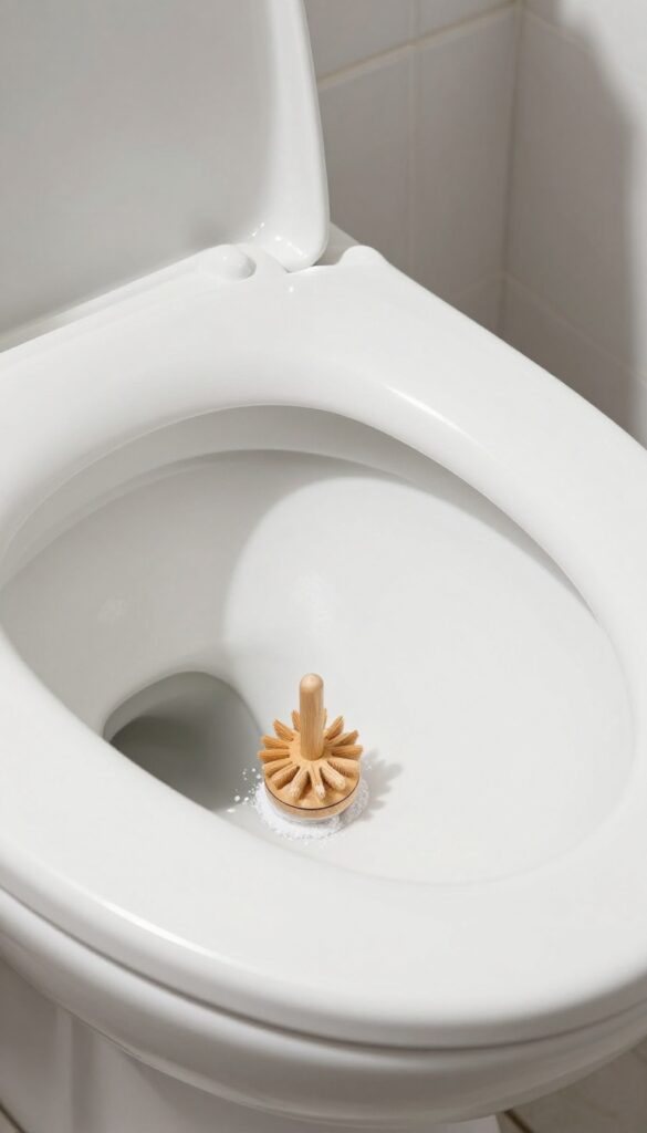 Toilet bowl with baking soda and brush for cleaning