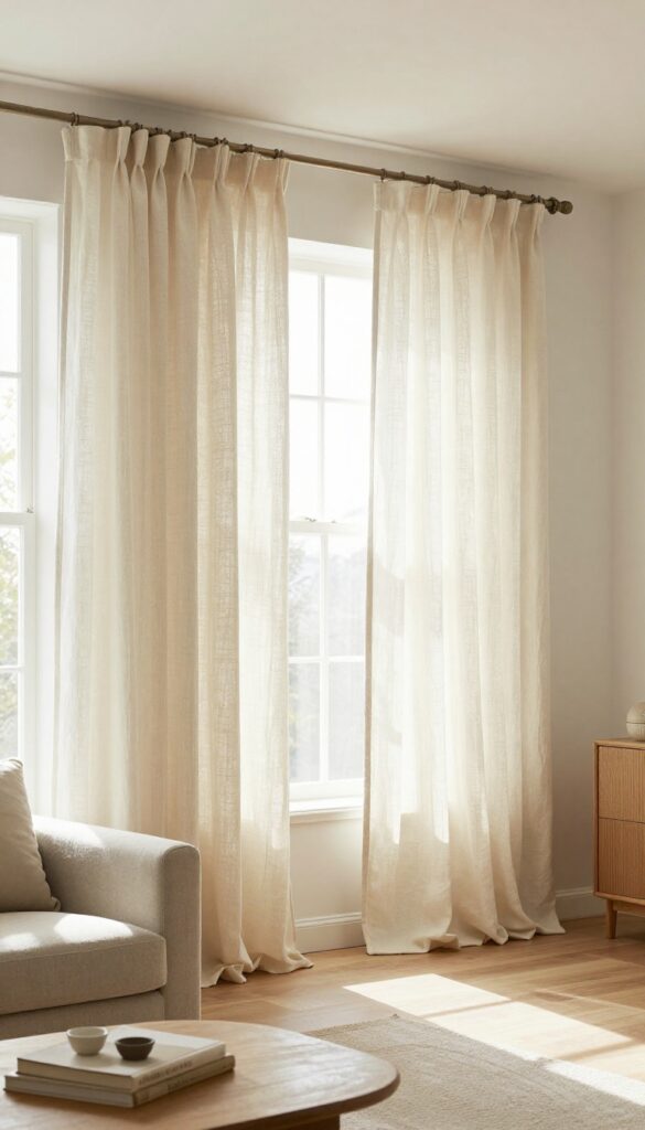 Living room with cream curtains filtering soft light, creating a warm and cozy atmosphere.