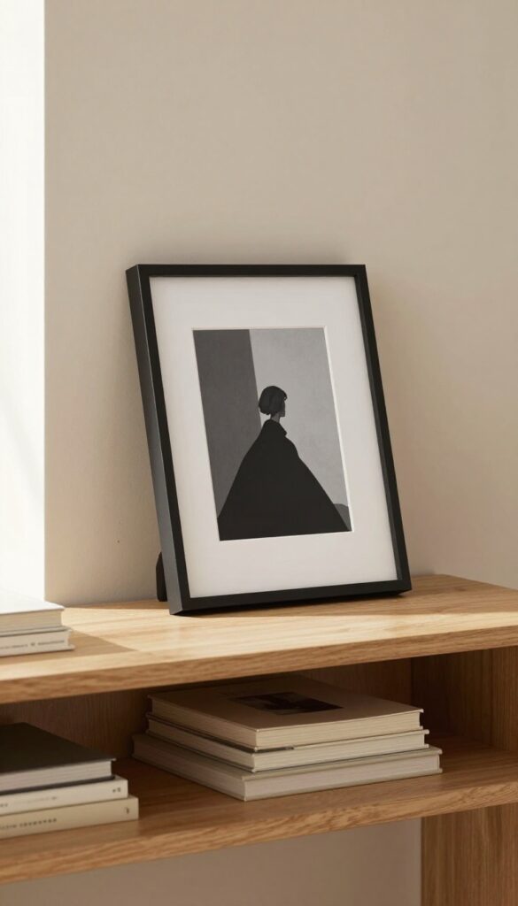 A bookshelf shelf styled with a leaning black-and-white framed print and stacked neutral books, bright natural light, clean and inviting composition.