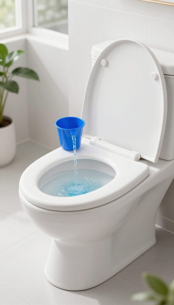 Toilet bowl with a blue drop-in cleaner under the rim in a bright, clean bathroom