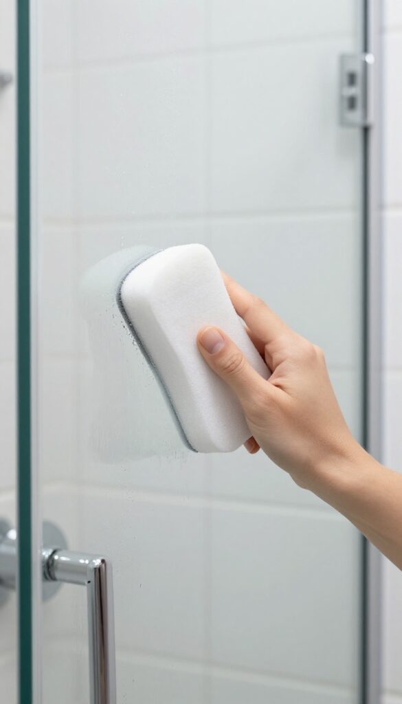 Hand using a magic eraser to clean a glass shower door, removing water spots and soap scum