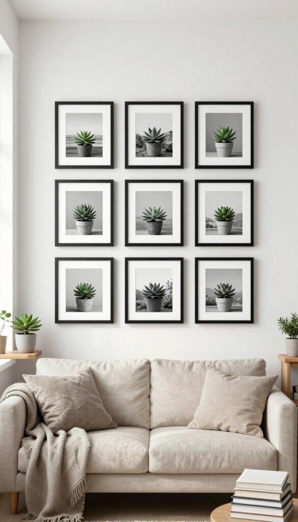 Symmetrical grid of black frames with black-and-white photos above a beige sofa in a cozy living room.