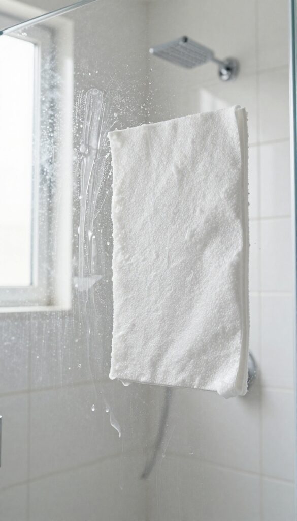 Wet dryer sheet scrubbing soap scum on a glass shower door in a bright bathroom