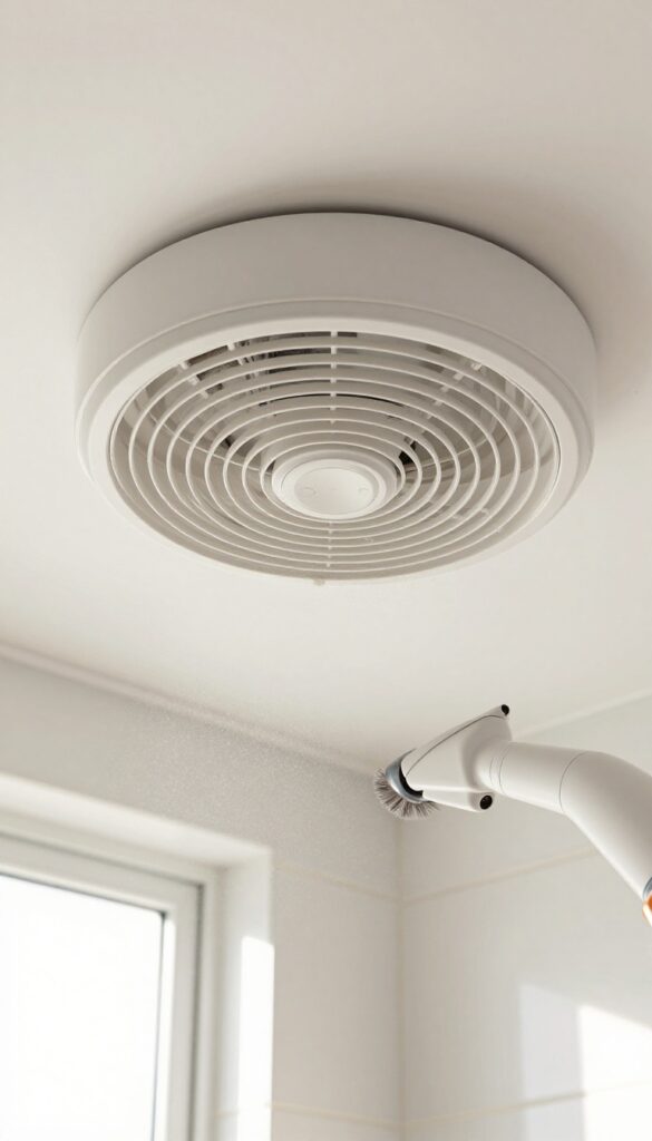 Cleaning bathroom fan cover with vacuum brush attachment