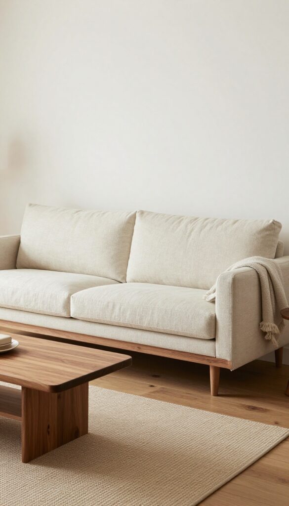 Living room with a narrow bench tucked behind a linen sofa, providing extra seating without cluttering the space.