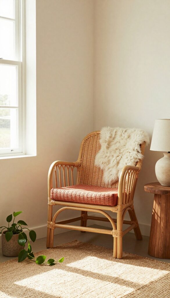 Rattan accent chair in warm boho living room corner with cushion and throw