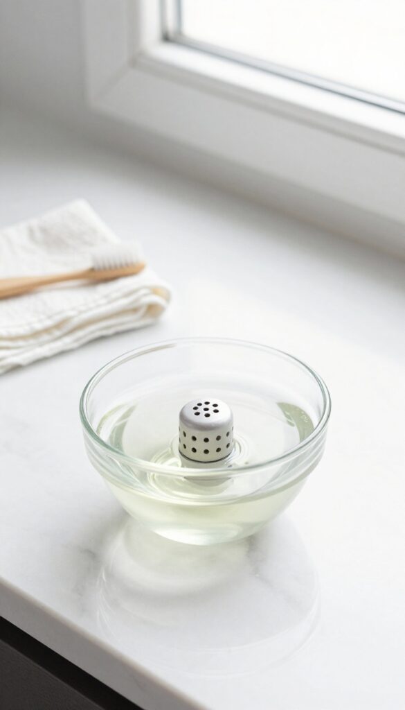 Close-up of a bathroom faucet aerator soaking in a bowl of white vinegar on a marble countertop by a sunny window.
