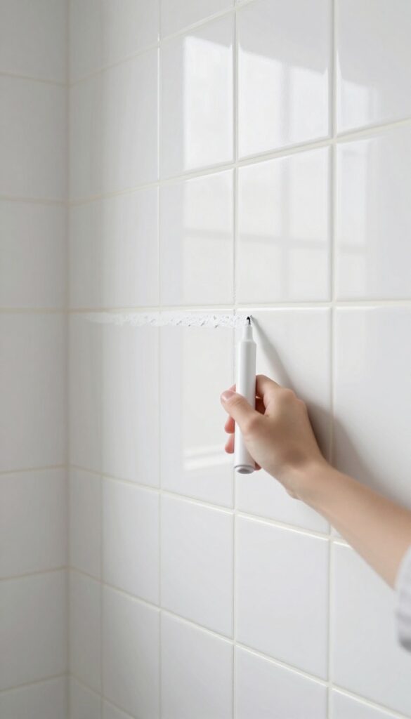 Hand using a grout pen to touch up grout lines on clean bathroom tiles