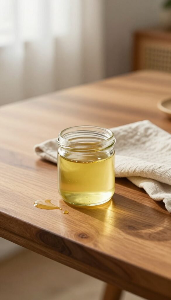 Olive oil and lemon juice furniture polish on a wooden table