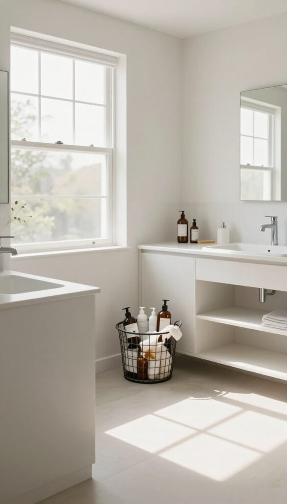 Empty bathroom countertops and shelves with a basket of removed toiletries, bright natural light, clean and minimal.