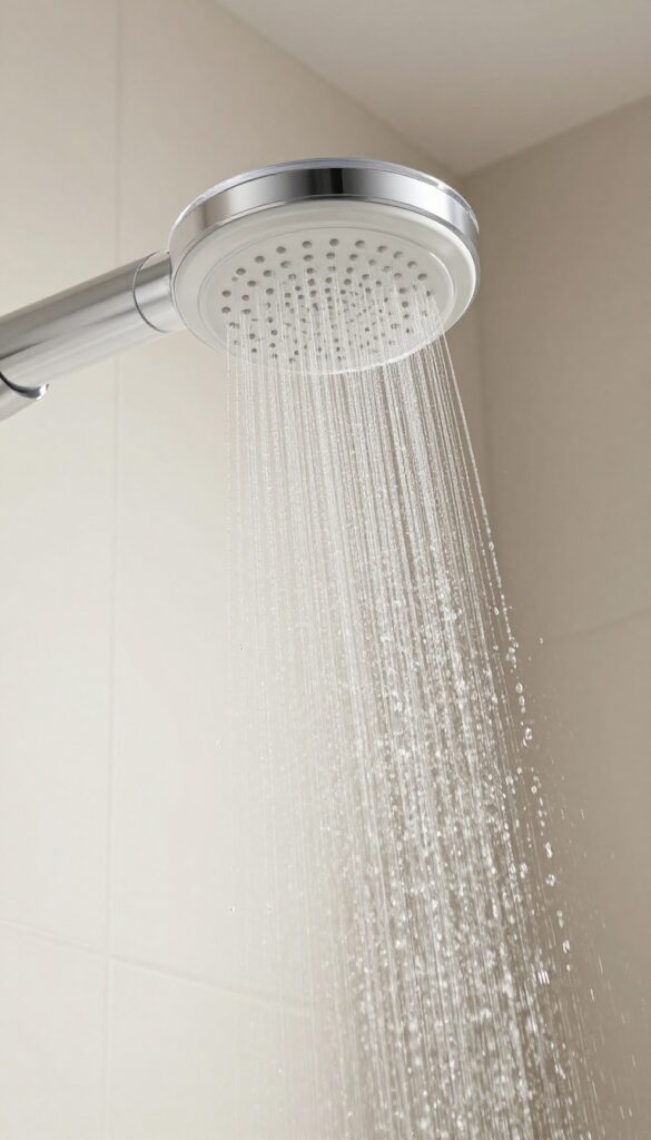 Close-up of a shower head with a transparent water filter, clean tiles, and sparkling glass door in bright natural light