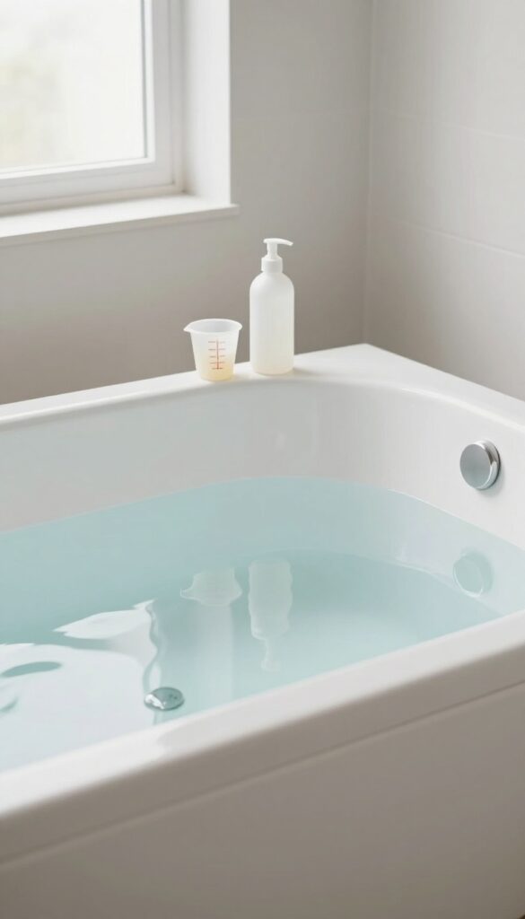 A jetted tub with hot water and white vinegar on the edge for a second cleaning cycle