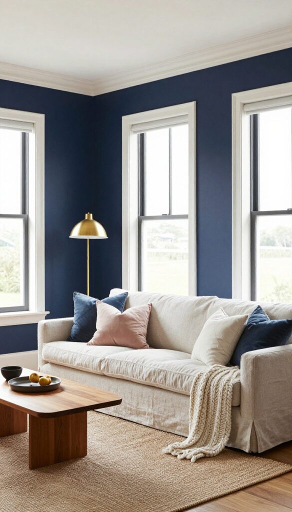 Bright living room with navy accent wall, white trim, linen sofa, and warm decor