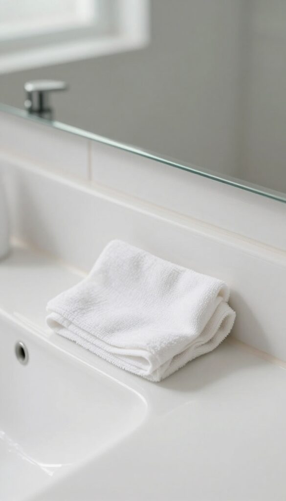 Cleaning a bathroom mirror with a microfiber cloth for a streak-free shine.