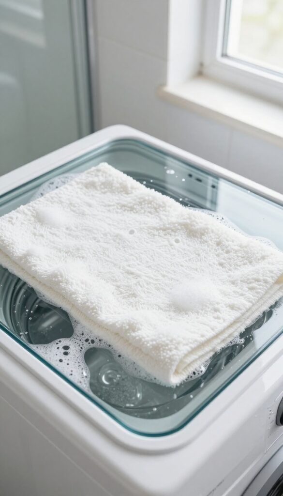 White bath mat being washed in a washing machine with soapy water and bubbles