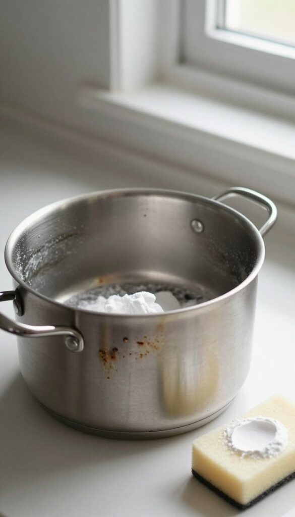 Burnt pot with baking soda paste and sponge on kitchen counter