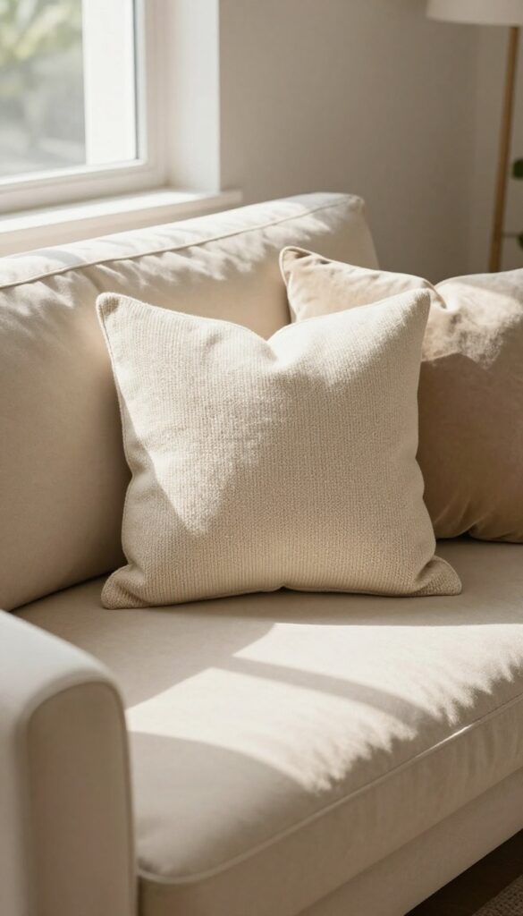 Beige sofa with cream and ivory throw pillows in velvet, knit, and cotton textures, arranged asymmetrically in a small sunlit living room.