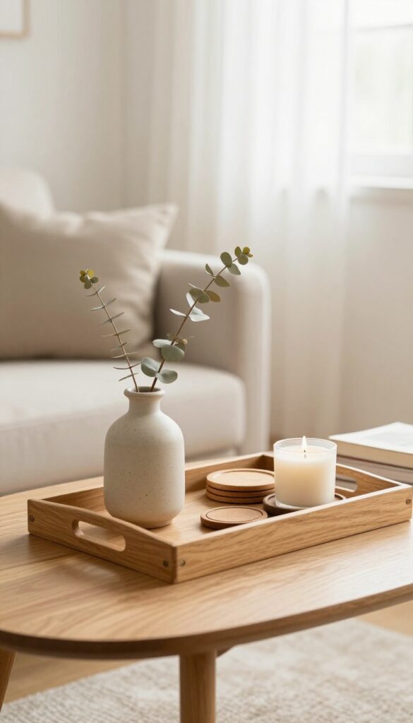 Wooden tray on coffee table with vase, coasters, and candle in cozy living room