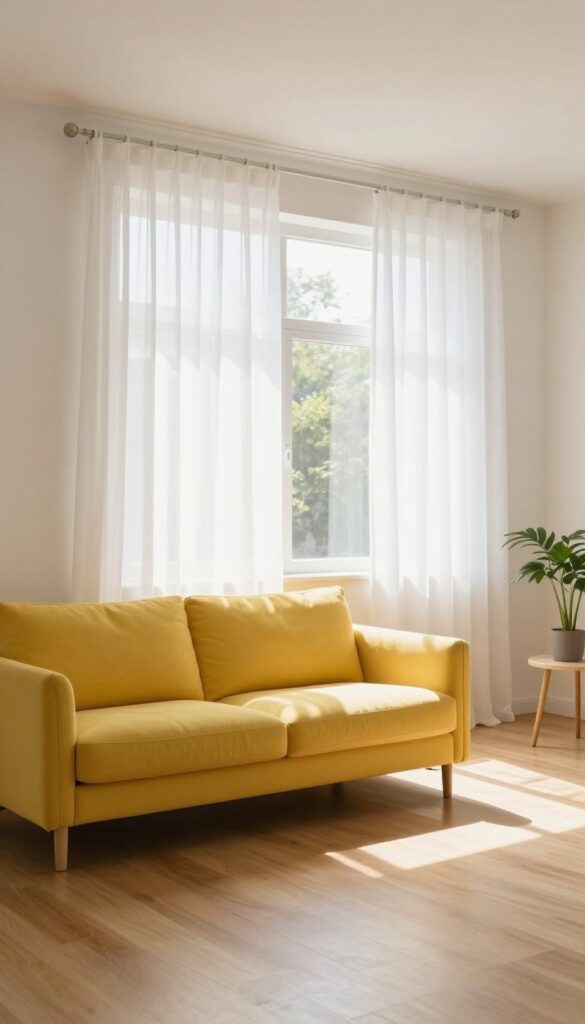 Living room with yellow sofa and white sheer curtains maximizing natural light