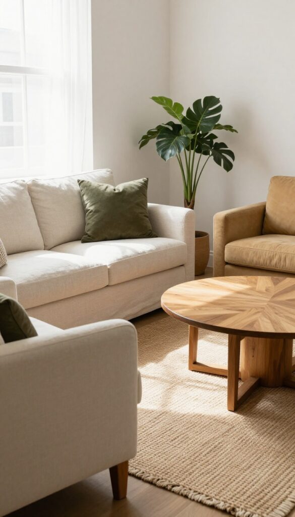 L-shaped seating arrangement with loveseat and two chairs in a bright living room corner