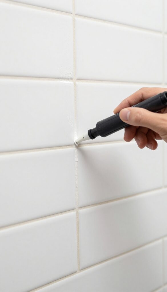 Hand applying grout pen to tile grout lines, refreshing color from stained to bright white