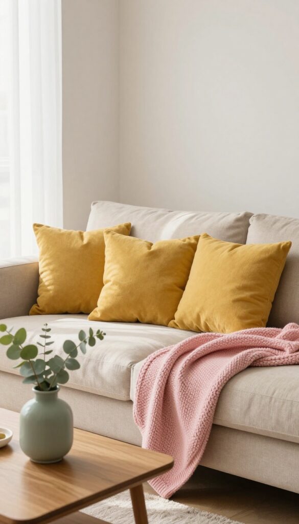 Beige sofa with mustard yellow pillows, blush pink blanket, and sage green vase on coffee table in bright living room