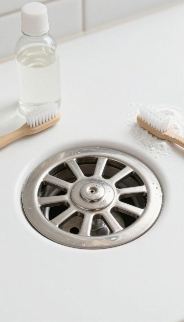 Close-up of a bathroom drain cover being cleaned with vinegar and a toothbrush on a white surface