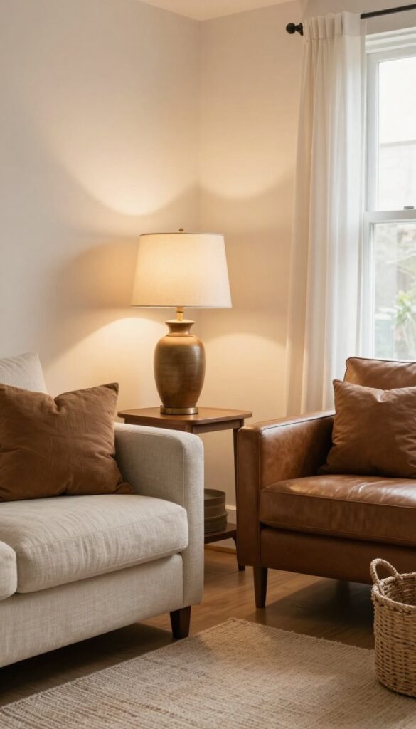 Cozy brown and beige living room with warm lighting from table and floor lamps, thrifted brass and ceramic bases, soft glow, natural light.