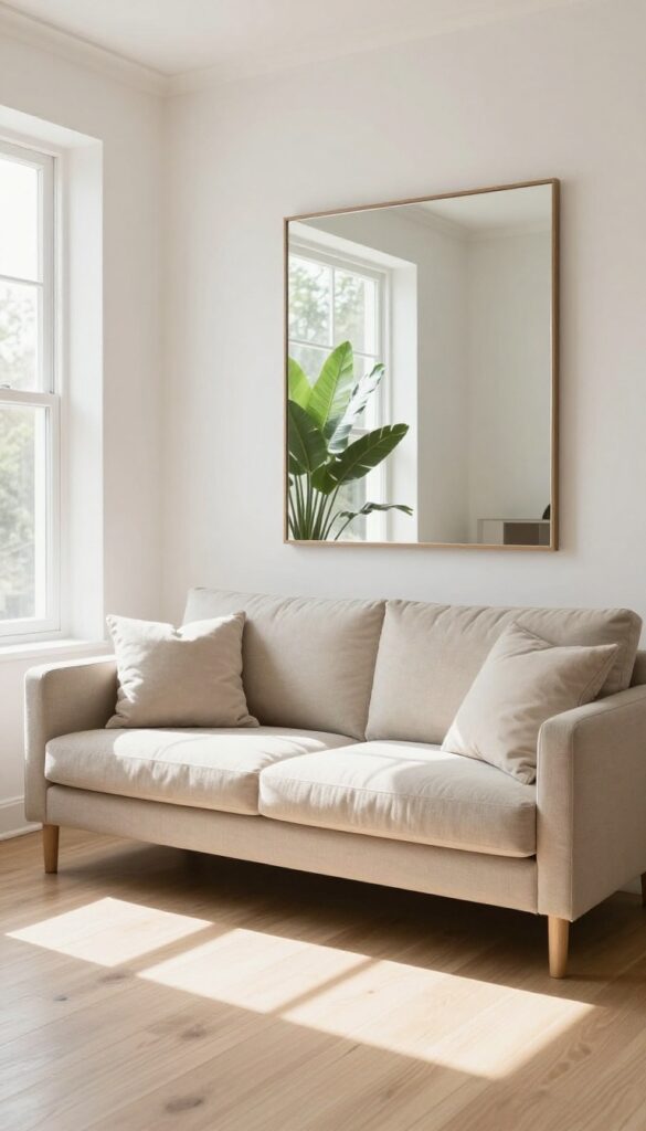 Small living room with a large mirror opposite a window reflecting natural light, a 3+2 seater sofa set in the center, bright and airy atmosphere.
