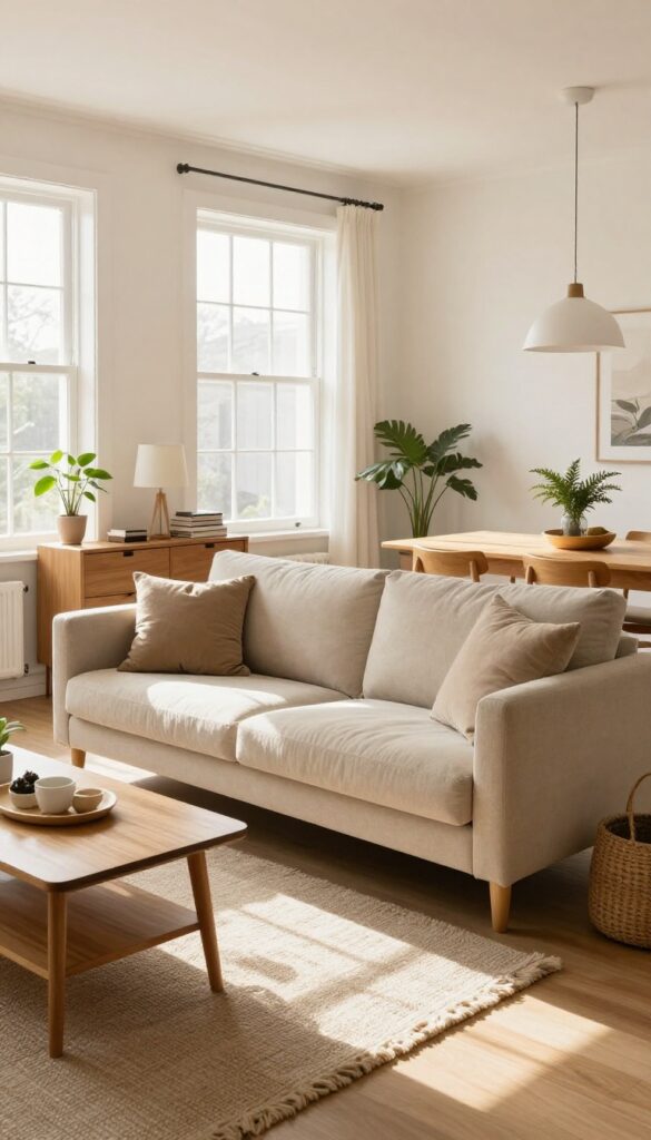 Open-plan living room with sofa dividing the space from the dining area, styled with console table and natural light.