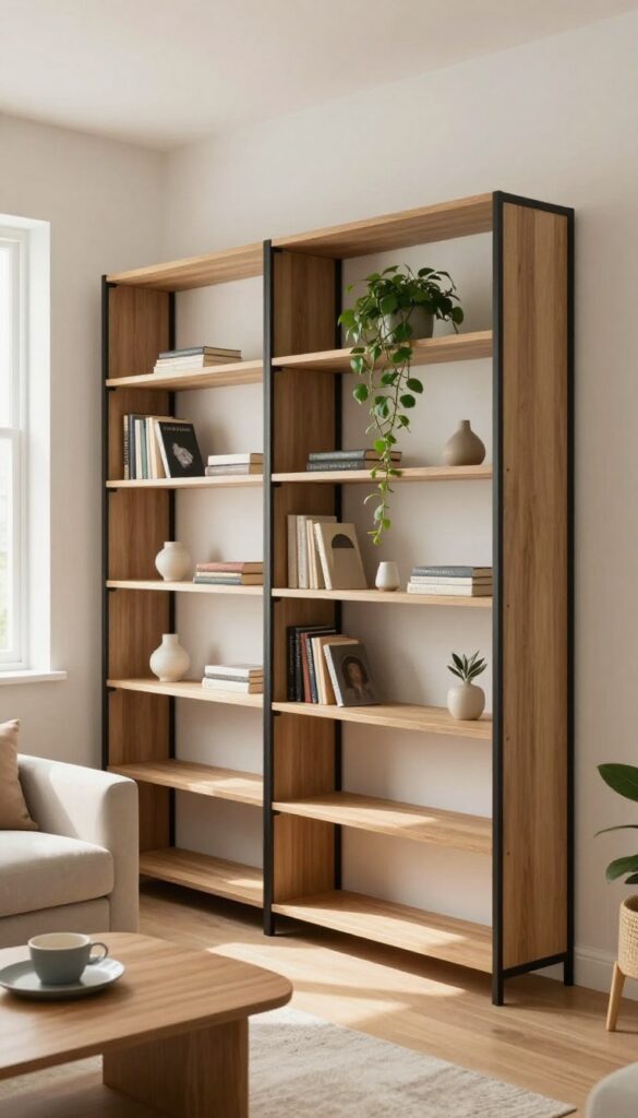 Light-filled living room with a slim open shelving unit used as a room divider, styled minimally with books and plants.