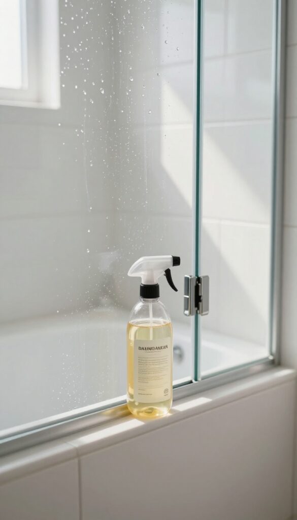 Close-up of a glass shower door with cleaning solution sitting on the surface, natural light, clean bathroom background.