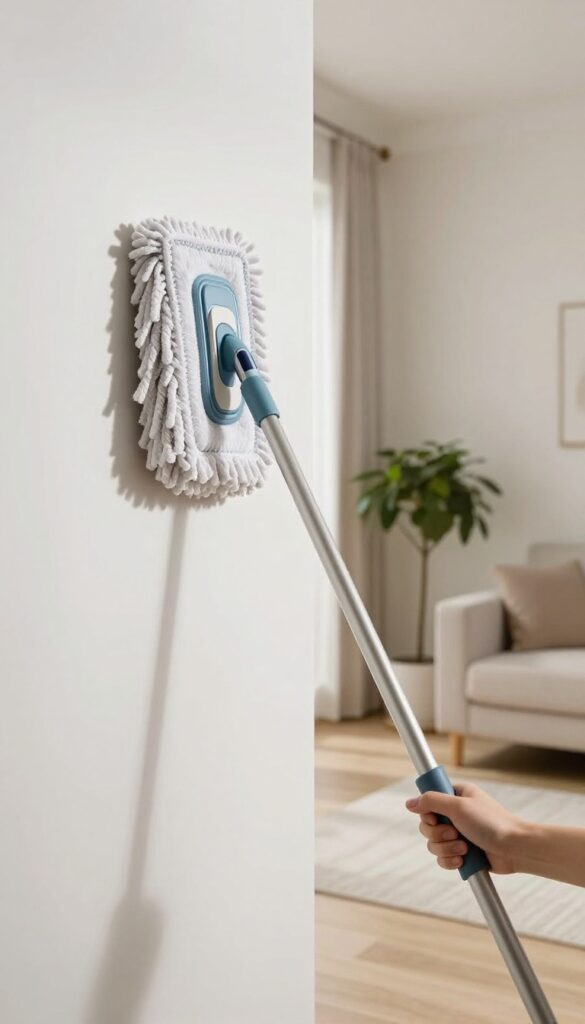 Person using a microfiber mop to dust a wall in a bright, clean living room