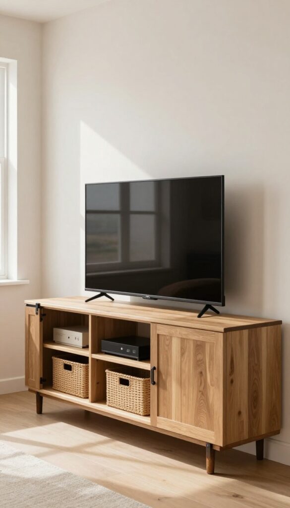 Small living room with a TV console that has sliding barn doors, partially open to reveal a TV and storage baskets.