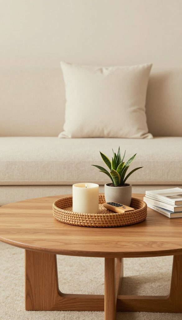 Minimalist coffee table with a tray holding a candle, plant, and remote holder in a cozy modern living room