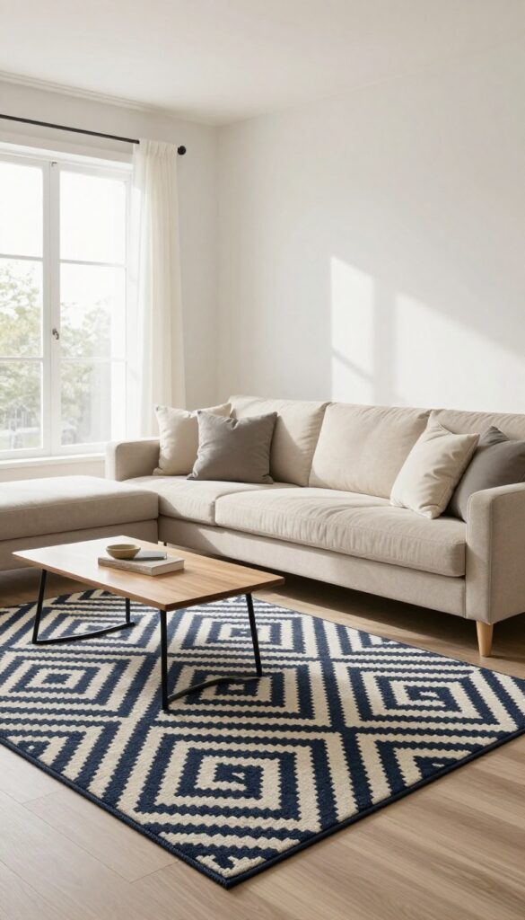 Beige sofa on a large navy geometric rug in a bright, airy living room