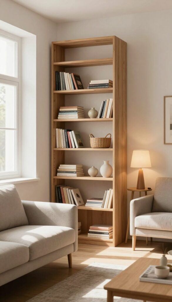 Low bookshelf used as a room divider in a narrow living room, with open shelving and warm lighting.