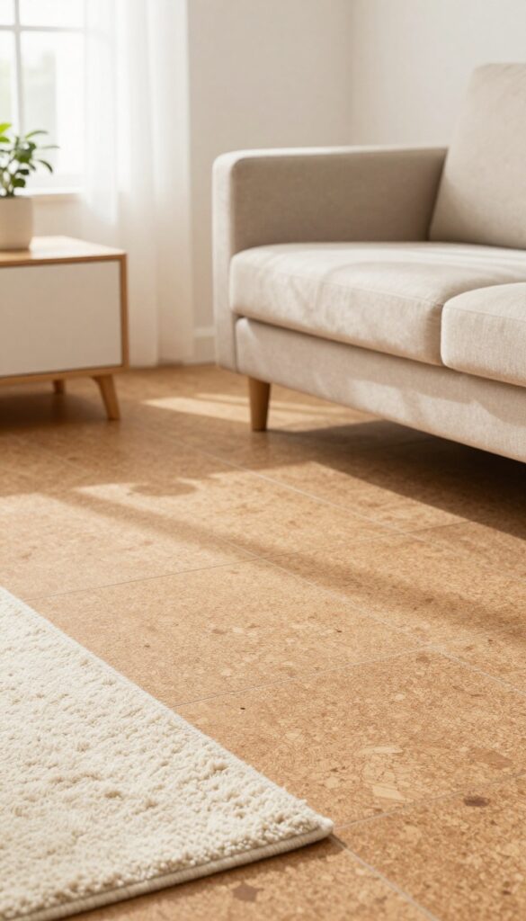 Close-up of warm cork flooring with a cream wool rug in a cozy living room