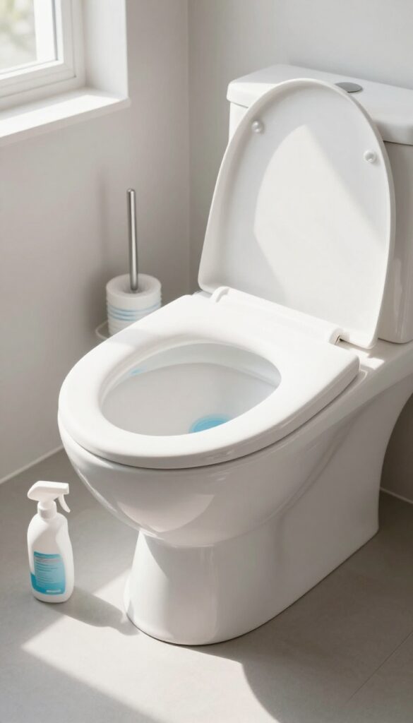 Clean white toilet in bright bathroom with cleaning supplies caddy nearby