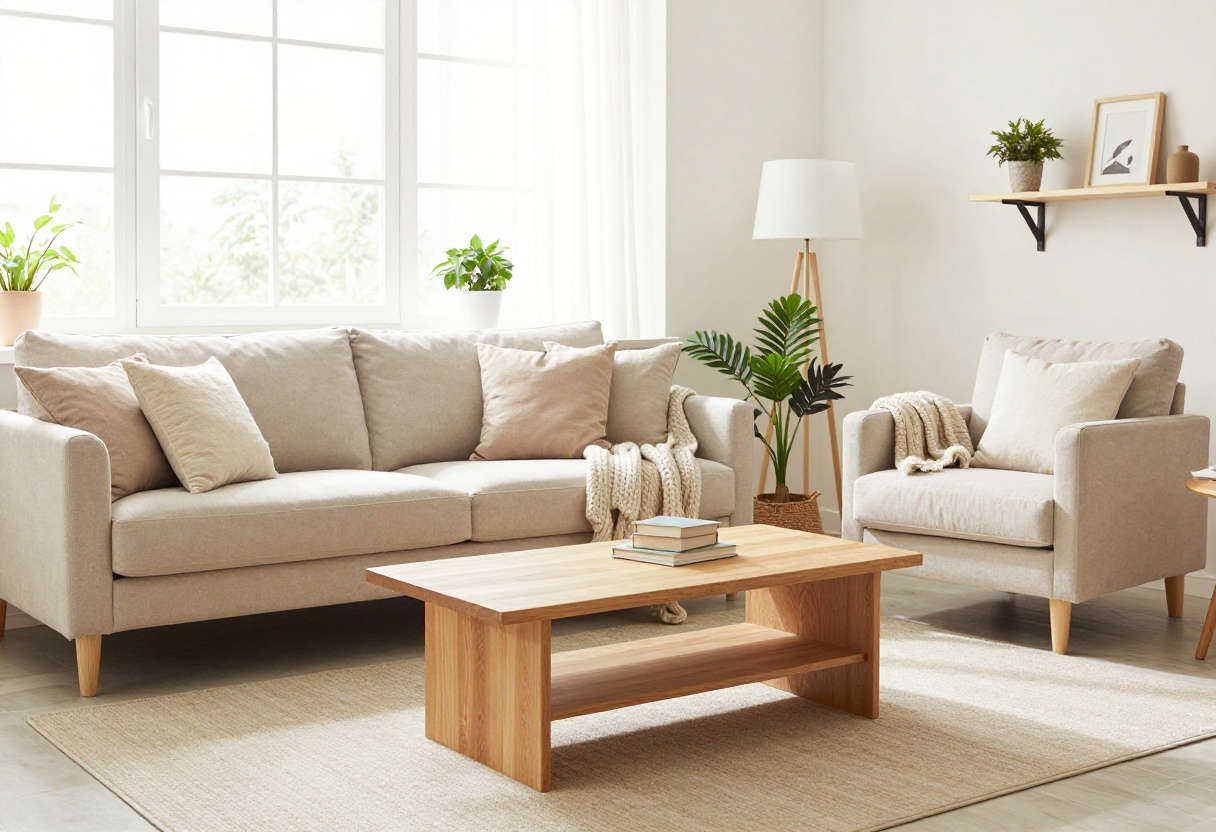 Cozy small living room with slim sofa, lift-top coffee table, and armchair in warm neutral tones.