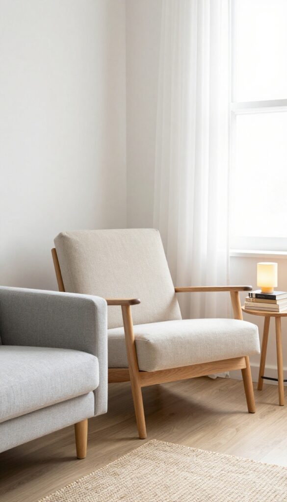 Cozy reading nook beside a light grey couch with armchair, side table, books, and lamp in natural light
