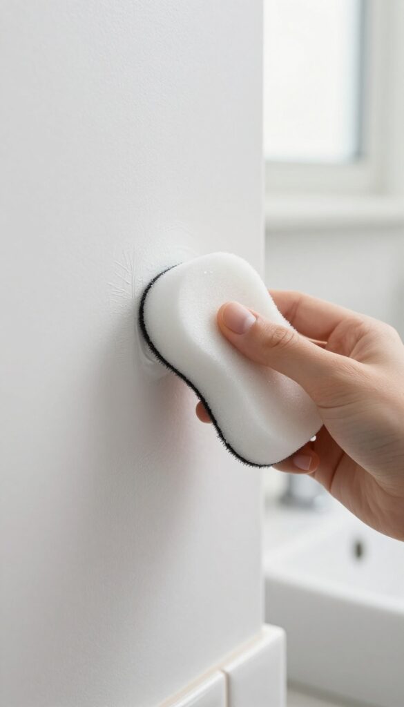 Hand using a magic eraser to remove a scuff mark from a bathroom wall