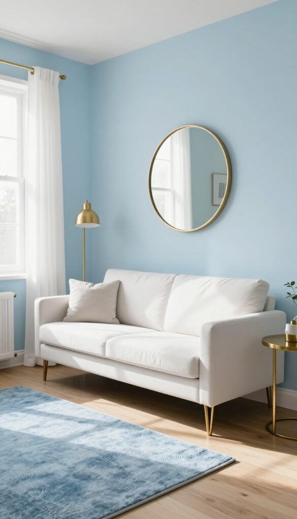 Small living room with light blue walls, white sofa, brass accents, and natural light