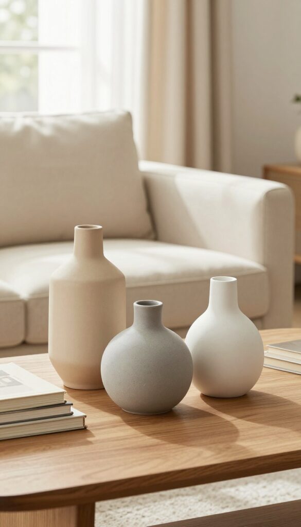 Sculptural ceramic vases in neutral tones arranged on a coffee table tray in a bright, cozy living room
