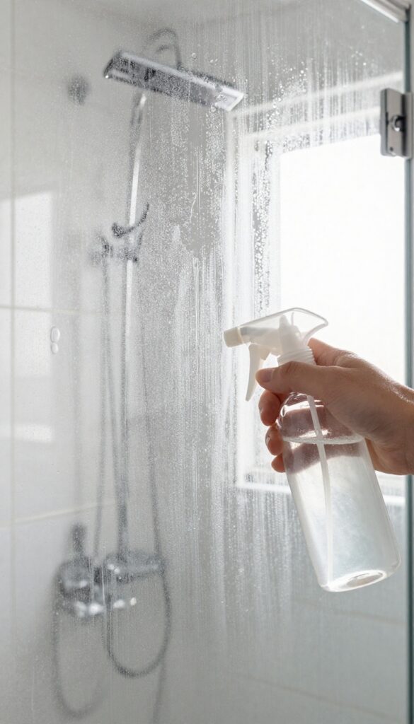 Spraying vinegar and dish soap solution on a glass shower door with hard water spots and soap scum