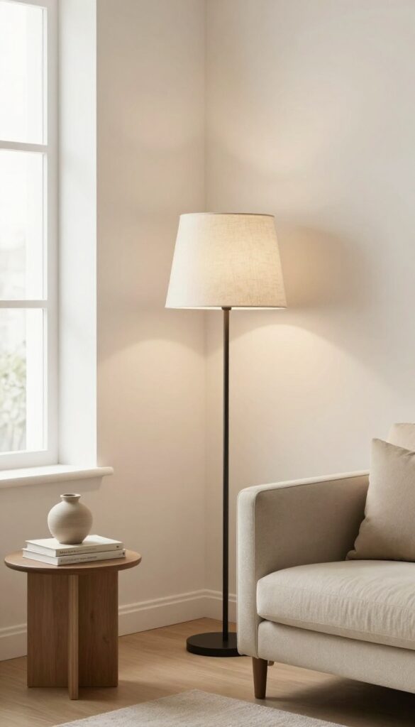 Slim floor lamp behind armchair in bright living room