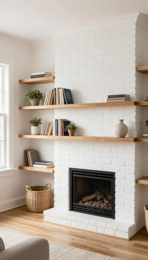 Corner fireplace with wraparound shelving, styled with books and plants, bright natural light