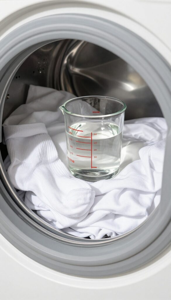White laundry in washing machine with vinegar on top