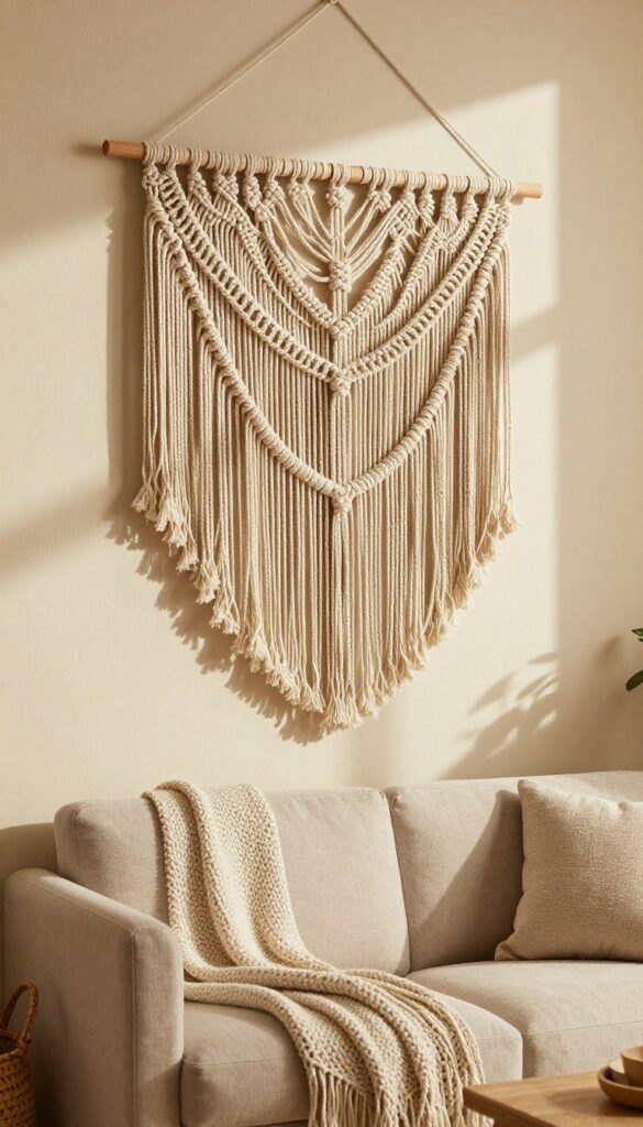 Macrame wall hanging above a neutral sofa with chunky knit throw and woven basket, cozy earthy living room