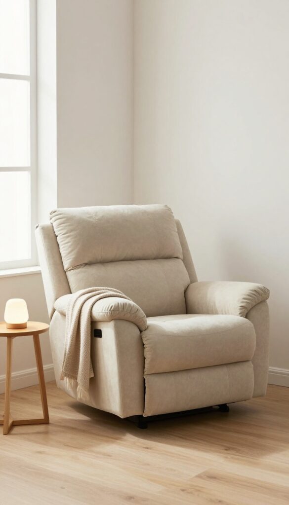 Cozy living room corner with a beige corner recliner, side table, and floor lamp in bright natural light.